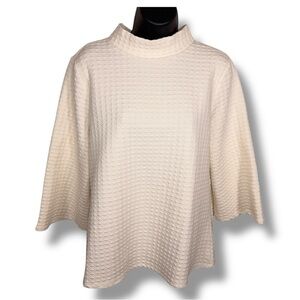 Large W5 Ivory Cream Waffle Knit Top Mock Neck  3/4 Sleeve Stretch Neutral